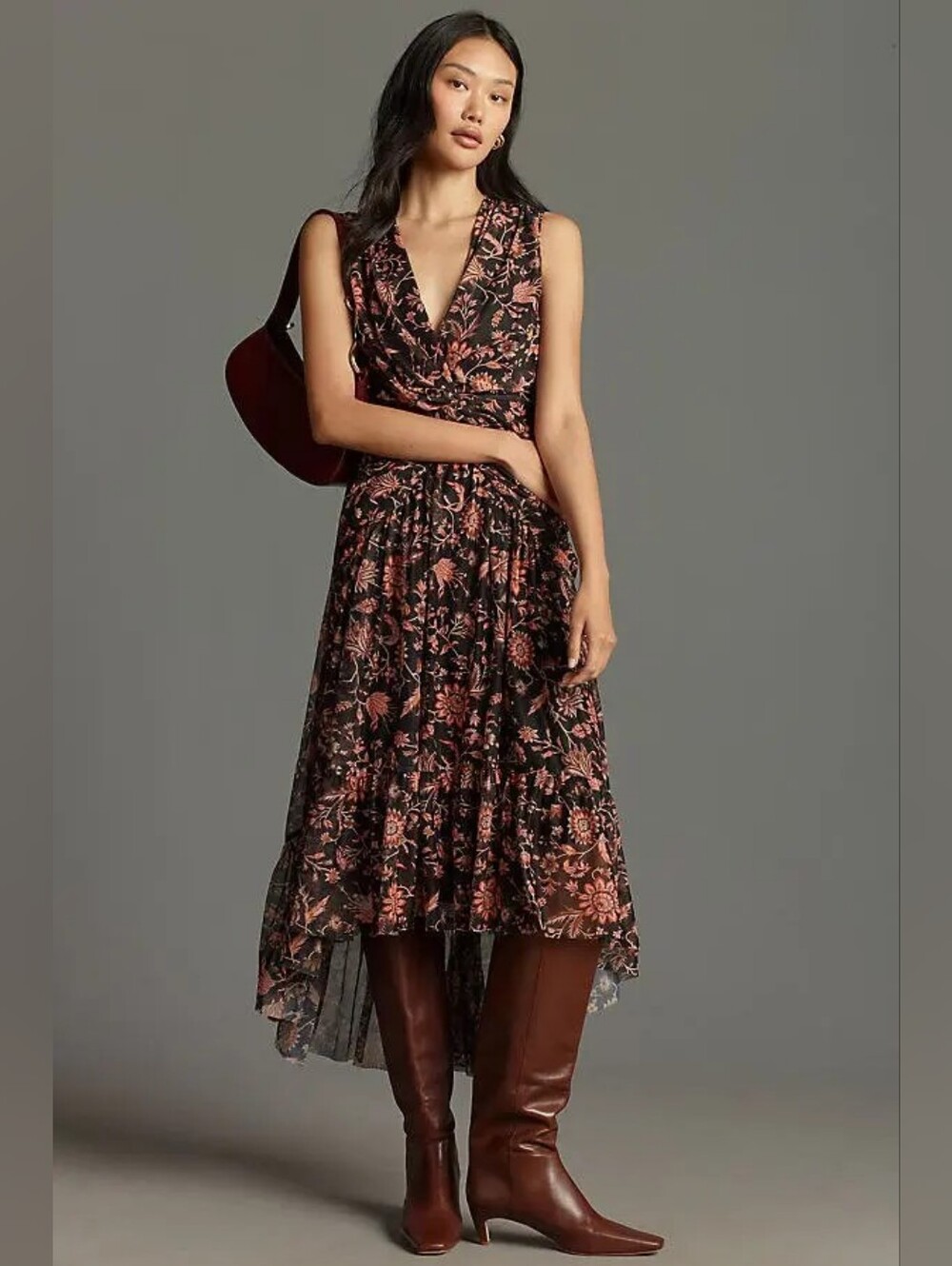 Anthropologie 4SI3NNA Floral Print Dress High Low Small Ruched Stretchy Mesh